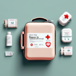 A first aid kit and various medical supplies are laid out on a flat surface, including a bottle, some pill containers, and a few bandages.