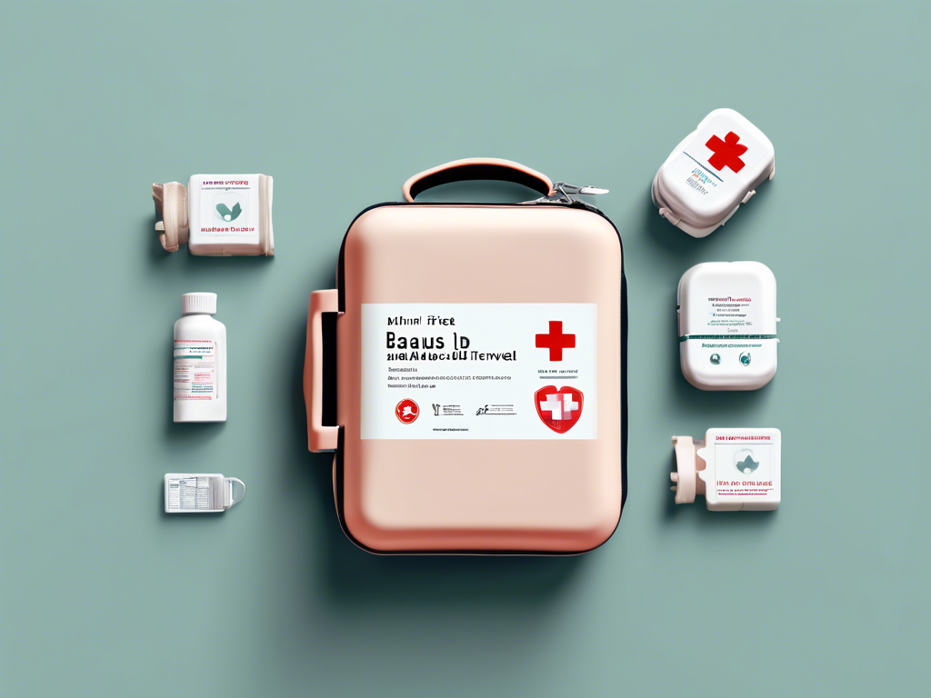 A first aid kit and various medical supplies are laid out on a flat surface, including a bottle, some pill containers, and a few bandages.