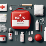 A collection of first aid supplies neatly arranged around a red first aid kit bag. Items include bandages, antiseptic, scissors, a thermometer, and other medical essentials.