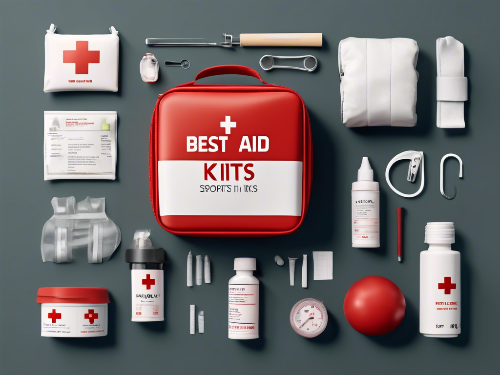 A collection of first aid supplies neatly arranged around a red first aid kit bag. Items include bandages, antiseptic, scissors, a thermometer, and other medical essentials.