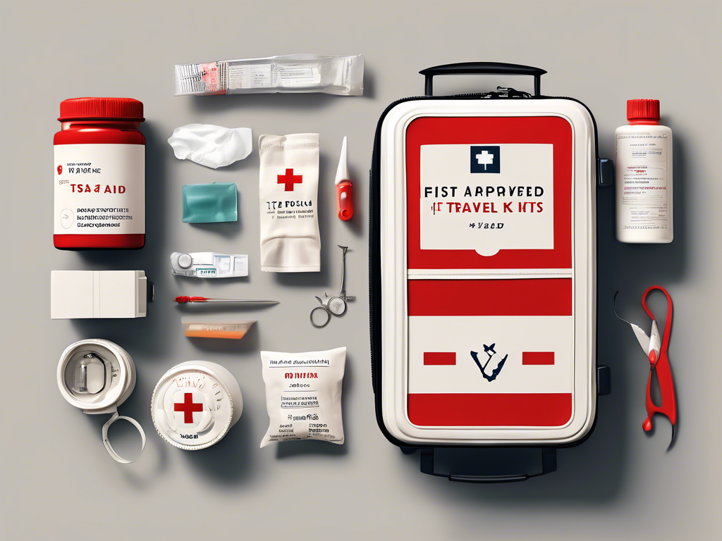 First aid travel kit. Items include bandages, scissors, adhesive tape, antiseptic wipes, a small bottle, medical gloves, and a pill bottle, all neatly arranged next to an open emergency kit case.