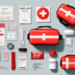 A neatly arranged collection of first aid supplies, including bandages, antiseptic wipes, scissors, adhesive tape, gauze pads, and red first aid kits with white cross symbols.