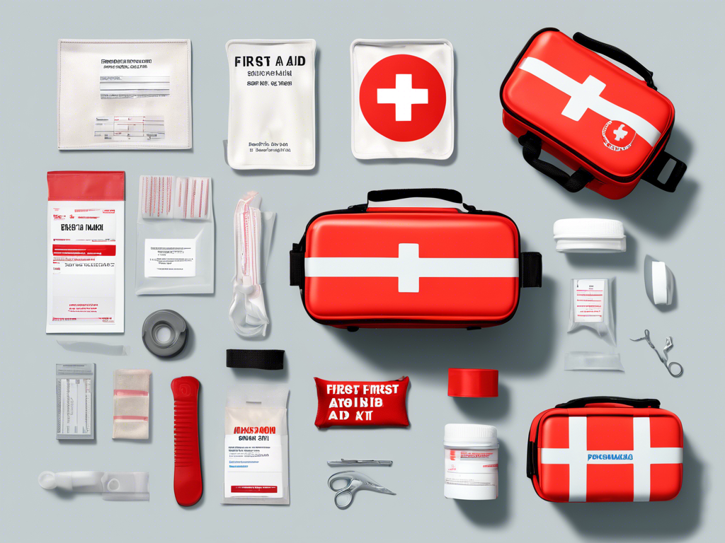 A neatly arranged collection of first aid supplies, including bandages, antiseptic wipes, scissors, adhesive tape, gauze pads, and red first aid kits with white cross symbols.