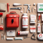 A first aid kit and its contents, including bandages, scissors, tweezers, antiseptic wipes, medication bottles, adhesive tape, and safety pins, arranged neatly on a beige background.