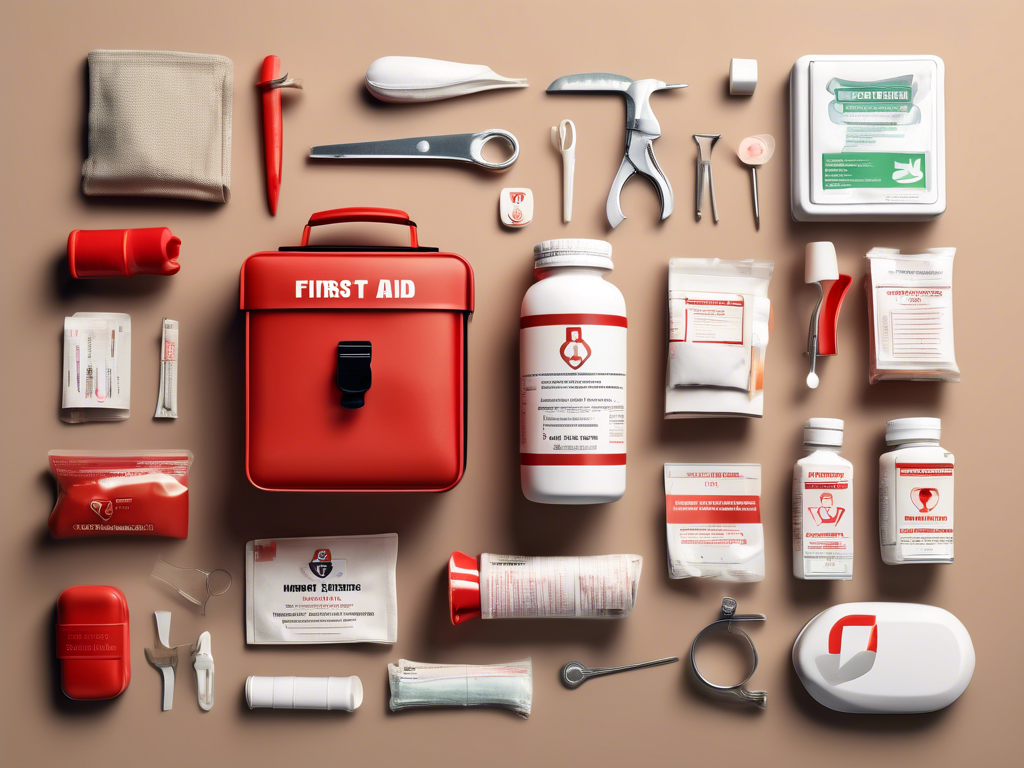 A first aid kit and its contents, including bandages, scissors, tweezers, antiseptic wipes, medication bottles, adhesive tape, and safety pins, arranged neatly on a beige background.