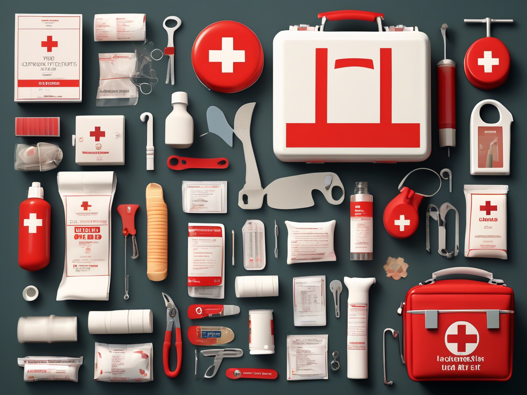 A neatly organized collection of first aid supplies, including bandages, scissors, antiseptic wipes, and a first aid kit with a red cross symbol.