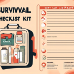 Illustration of a survival checklist kit, showing various emergency supplies inside a case and a checklist on the right side with items such as bandages and emergency tools.