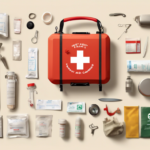 A red first aid kit with a white cross is surrounded by various medical supplies and tools, including bandages, scissors, tweezers, ointments, and medication packets, neatly arranged on a beige background.