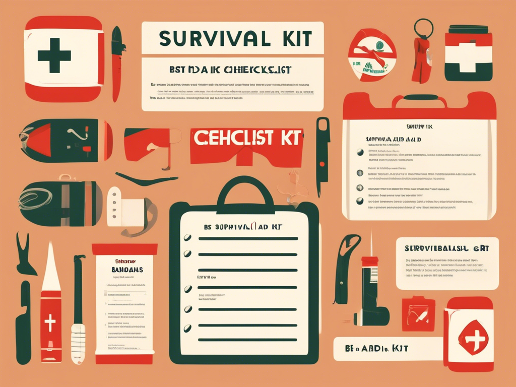 Illustrated diagram of a survival kit showing various labeled items including a first aid kit, flashlight, water bottle, knife, matches, and a checklist. Text descriptions accompany each item.