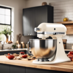 A white stand mixer with a metallic bowl on a kitchen countertop. The background features a modern kitchen with utensils, vegetables, and a window.