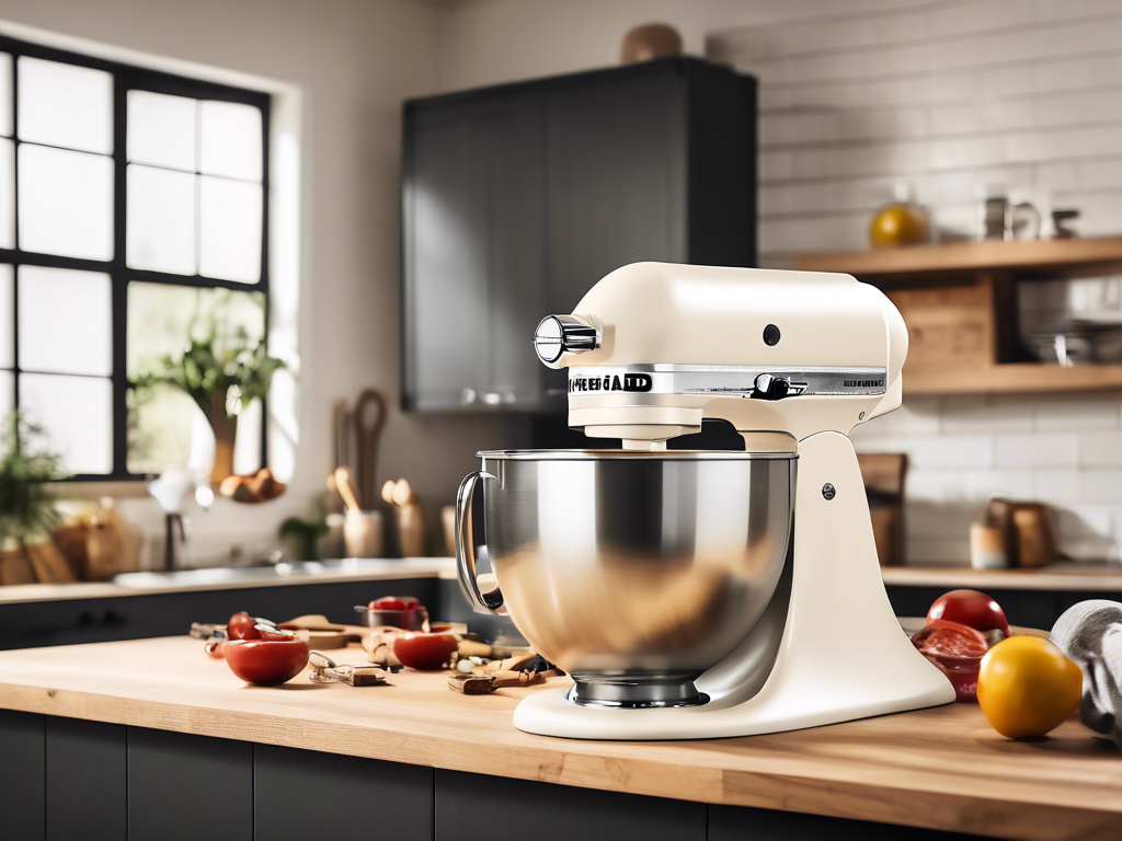 A white stand mixer with a metallic bowl on a kitchen countertop. The background features a modern kitchen with utensils, vegetables, and a window.