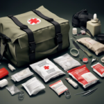 A first aid kit with various medical supplies, including bandages, scissors, tweezers, ointments, a tourniquet, and antiseptics, is laid out with an olive-green bag displaying a red cross symbol.
