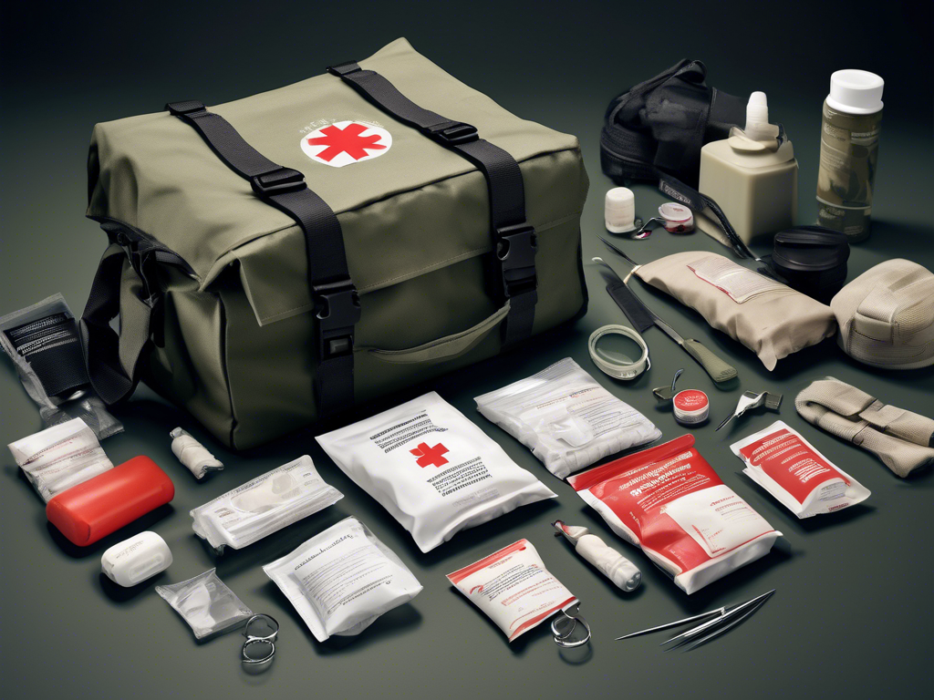 A first aid kit with various medical supplies, including bandages, scissors, tweezers, ointments, a tourniquet, and antiseptics, is laid out with an olive-green bag displaying a red cross symbol.
