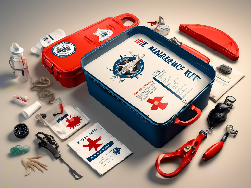 A collection of first aid and emergency supplies including scissors, gloves, compass, bandages, a whistle, and a manual, arranged next to two open kits, one red and one blue.