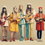 Five individuals stand in a row, dressed in colorful retro outfits and holding musical instruments.