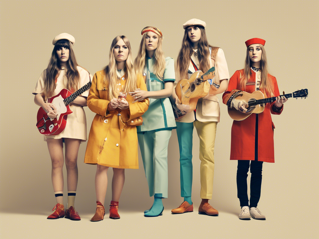 Five individuals stand in a row, dressed in colorful retro outfits and holding musical instruments.