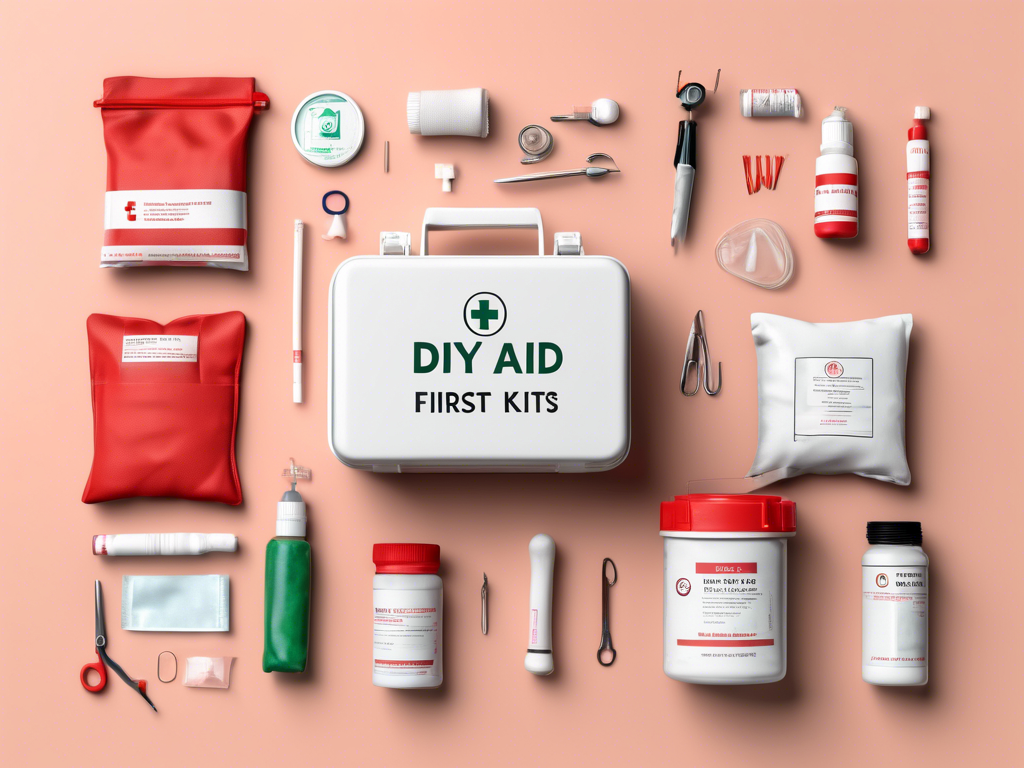 A DIY Aid First Kit surrounded by various first aid supplies including bandages, scissors, tweezers, a thermometer, antiseptic wipes, and ointments arranged on a peach background.