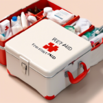 An open first aid kit with various medical supplies such as bandages, ointments, and bottles, organized in compartments. The lid displays "First Aid" with a red cross symbol.