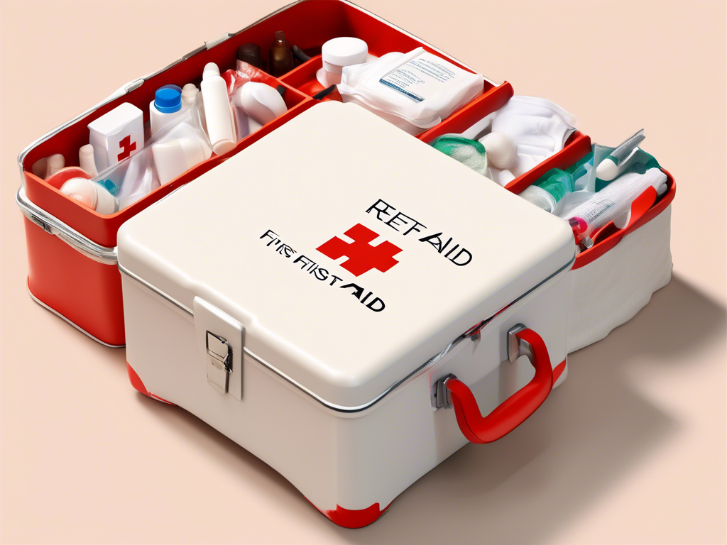 An open first aid kit with various medical supplies such as bandages, ointments, and bottles, organized in compartments. The lid displays "First Aid" with a red cross symbol.