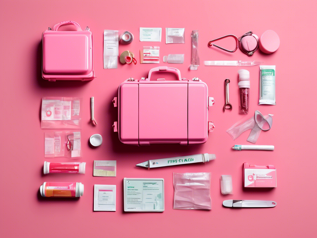 A pink-themed first aid kit with various medical supplies including bandages, tweezers, scissors, gloves, and antiseptics, neatly arranged on a pink background.