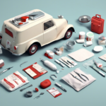 A compact vintage ambulance is displayed alongside various medical supplies and instruments, all neatly organized on a pale blue surface.