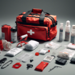 A red medical emergency bag with white cross emblem, surrounded by organized medical supplies including bandages, scissors, antiseptic wipes, medication bottles, and other first aid items.