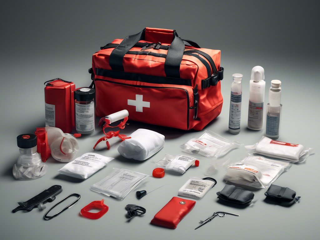 A red medical emergency bag with white cross emblem, surrounded by organized medical supplies including bandages, scissors, antiseptic wipes, medication bottles, and other first aid items.