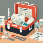 An open first aid kit with various medical supplies including bandages, ointments, scissors, gloves, and antiseptic solutions.