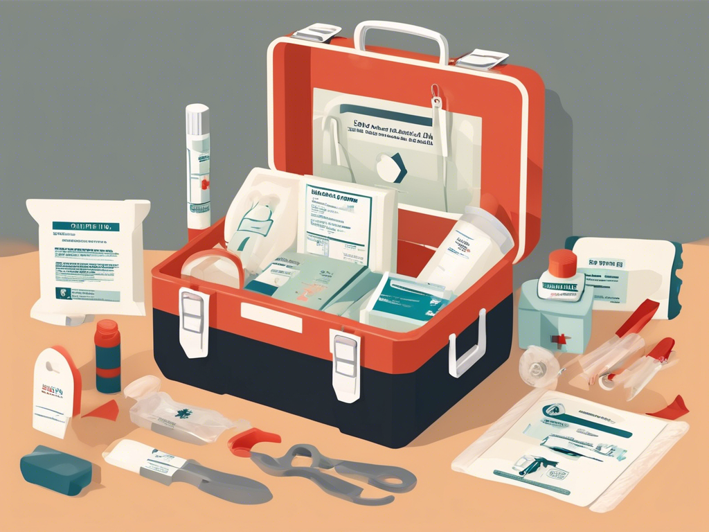 An open first aid kit with various medical supplies including bandages, ointments, scissors, gloves, and antiseptic solutions.