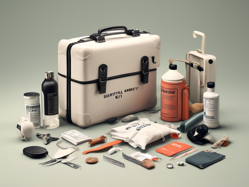 A white emergency kit with "Essential Emergency Kit" label, surrounded by various items including bottles, scissors, a flashlight, gloves, a whistle, a blanket, and other emergency supplies.