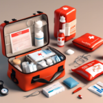 A red first aid kit is open, showing various medical supplies including bandages, ointments, scissors, and a compass. Two smaller closed kits and additional items are arranged nearby.