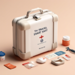 A travel smart kit containing various items, such as bandages, ointments, scissors, and pills, arranged around a white case on a beige background.