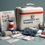 Emergency trauma kit with various medical supplies including bandages, gloves, and manuals displayed around a labeled case.