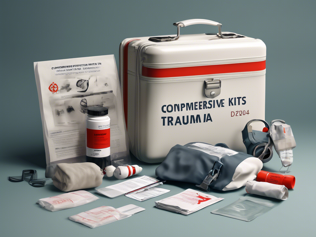 Emergency trauma kit with various medical supplies including bandages, gloves, and manuals displayed around a labeled case.