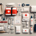 A neatly arranged assortment of first aid kit items, including bandages, antiseptic wipes, medical scissors, a blanket, and various other emergency supplies on a neutral background.