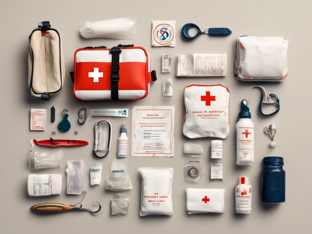 A neatly arranged assortment of first aid kit items, including bandages, antiseptic wipes, medical scissors, a blanket, and various other emergency supplies on a neutral background.