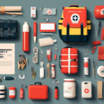 A variety of neatly arranged first aid supplies, including bandages, scissors, bottles, and a red and yellow emergency backpack, on a blue background.