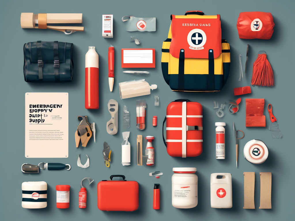 A variety of neatly arranged first aid supplies, including bandages, scissors, bottles, and a red and yellow emergency backpack, on a blue background.