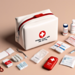 A first aid kit with various medical supplies, including bandages, bottles, ointments, tweezers, and a small red case, arranged neatly on a beige surface.