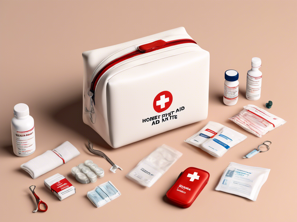 A first aid kit with various medical supplies, including bandages, bottles, ointments, tweezers, and a small red case, arranged neatly on a beige surface.