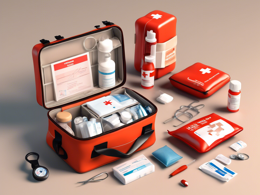 A red first aid kit is open, showing various medical supplies including bandages, ointments, scissors, and a compass. Two smaller closed kits and additional items are arranged nearby.